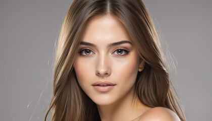 Fototapeta premium An alluring portrait of a young woman exuding elegance and sensuality, with stunning brown hair and captivating beauty, created through AI technology