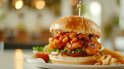 A Crispy and Delicious Burger with Fries served in a White Plate, on a Restaurant Table, ai generated