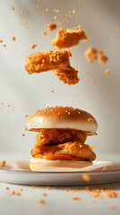 A Crispy and Delicious Burger with Fries served in a White Plate, on a Restaurant Table, ai generated