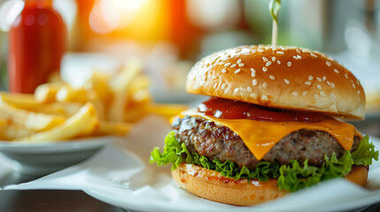 A Crispy and Delicious Burger with Fries served in a White Plate, on a Restaurant Table, ai generated