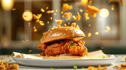 A Crispy and Delicious Burger with Fries served in a White Plate, on a Restaurant Table, ai generated