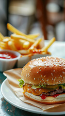 A Crispy and Delicious Burger with Fries served in a White Plate, on a Restaurant Table, ai generated