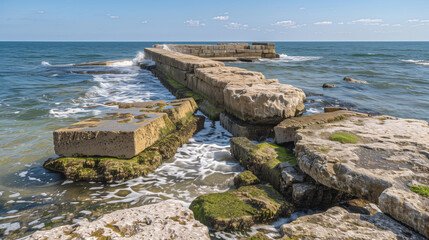 An old stone breakwater jutting into the sea, with waves crashing against it, moss