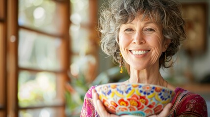 Smiling mature woman holding a colorful and delicious buddha bowl in her hands