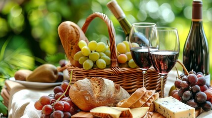 picnic basket with bread, wine in glass, grapes and cheese