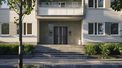 Modern house entrance with symmetrical design, clean lines, and lush greenery.