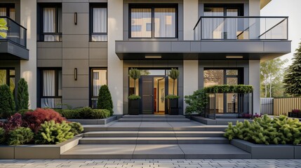 Fototapeta premium Modern house entrance with symmetrical design, clean lines, and lush greenery.