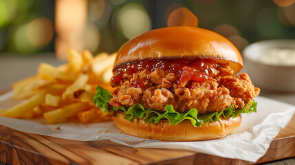 A Crispy and Delicious Burger with Fries served in a White Plate, on a Restaurant Table, ai generated