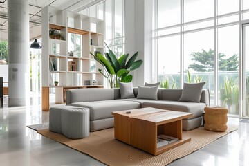 Modern minimalist living room with large windows, gray sofa, wooden coffee table, and indoor plants.
