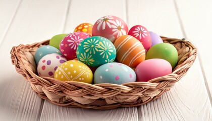 Basket of colorful hand painted decorated Easter eggs