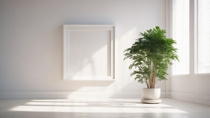 Bright and beautiful white room with a picture frame and a plant, light and shadow.