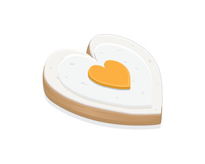 vector design of a heart or love shaped bread with isometric angles so it looks like a 3 dimensional object and on top of the bread there is a fried egg which also has the same white and yellow shape 