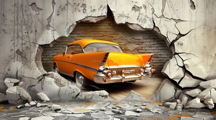 3d wallpaper design with a classic car driving through a broken wall