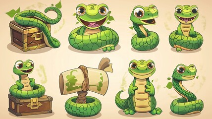 Set of green wood smiling snake figurines near treasure chests and scrolls in different poses with cute facial expressions
