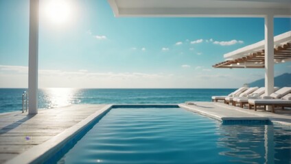 Fototapeta premium White villa pool with clean blue water, sun beds and sea view.