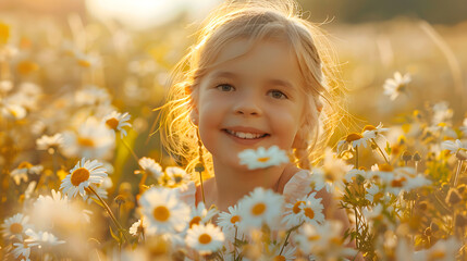 Fototapeta premium Little girl amid daisies. Generative by AI