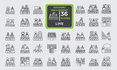 Set of 36 line icons related to speaking engagement, training, public speaking, public address, speech delivery etc. Outline icon collection. Editable stroke. Vector illustration