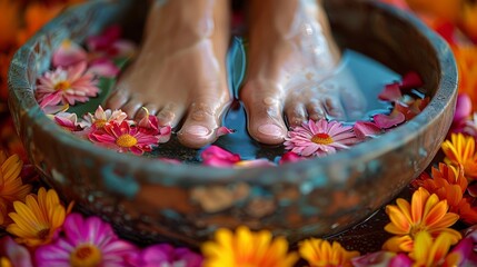 Foot bath in bowl with flower petals