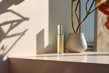 Sunlit Perfume Bottle on Minimalist Shelf