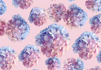pattern of small pastel blue and pink hydrangeas, each flower in a unique pose with varying sizes on an isolated lavender background Generative AI