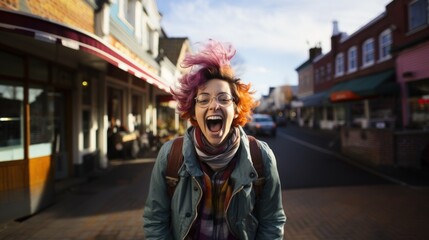 Fototapeta premium A vibrant image capturing a woman with pink hair mid-laugh in an urban setting, evoking a sense of joy and spontaneity