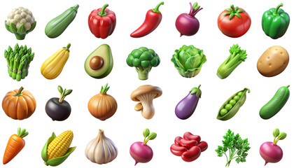 Fototapeta premium 3D Rendered Collection of Fresh Vegetables and Produce Isolated on Transparent Background. PNG. Generative AI