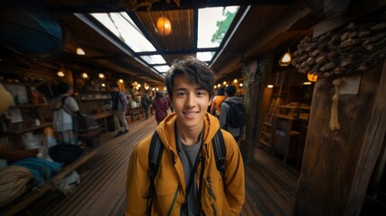 Fototapeta premium Curious young traveler with backpack exploring a vibrant traditional market with focus and interest
