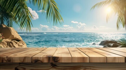 Naklejka premium Wooden tabletop against the sea background for product presentation. Empty countertop on the beach with palm trees. Platform mockup with sunny sky.