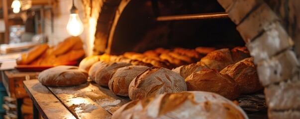 Freshly baked artisan bread loaves lined up in rows inside a warm glowing bakery oven.