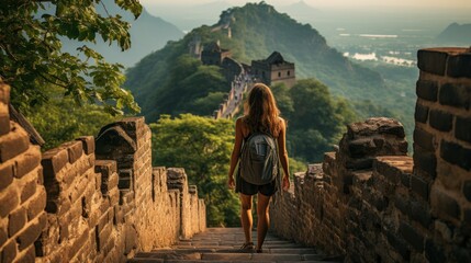 A traveler with a backpack stands on the Great Wall, surrounded by lush greenery and mountains