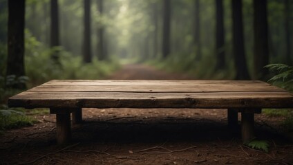 Naklejka premium Empty wooden table in dark forest Ready for product display montage.