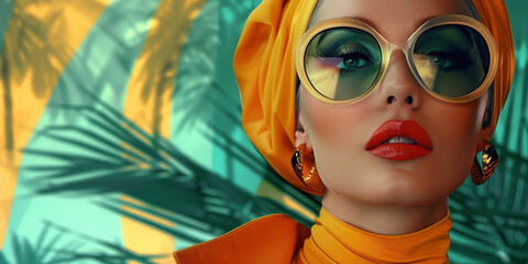 Retro style pastel colors summer background. Fashion woman wearing big sunglasses.