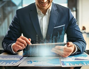 Businessman using tablet analyze sales data and economic growth graph chart