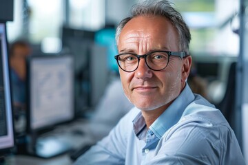 Obraz premium Mature IT manager, confident, professional, digital SLR, standard zoom, daytime, IT office portrait, digital, high realism, office light. , background blur