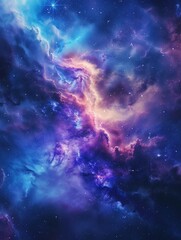 Obraz premium This image depicts a stunning cosmic scene with nebulae in shades of blue, purple, and pink, illuminated by stars scattered throughout, creating a mystical and expansive space landscape.