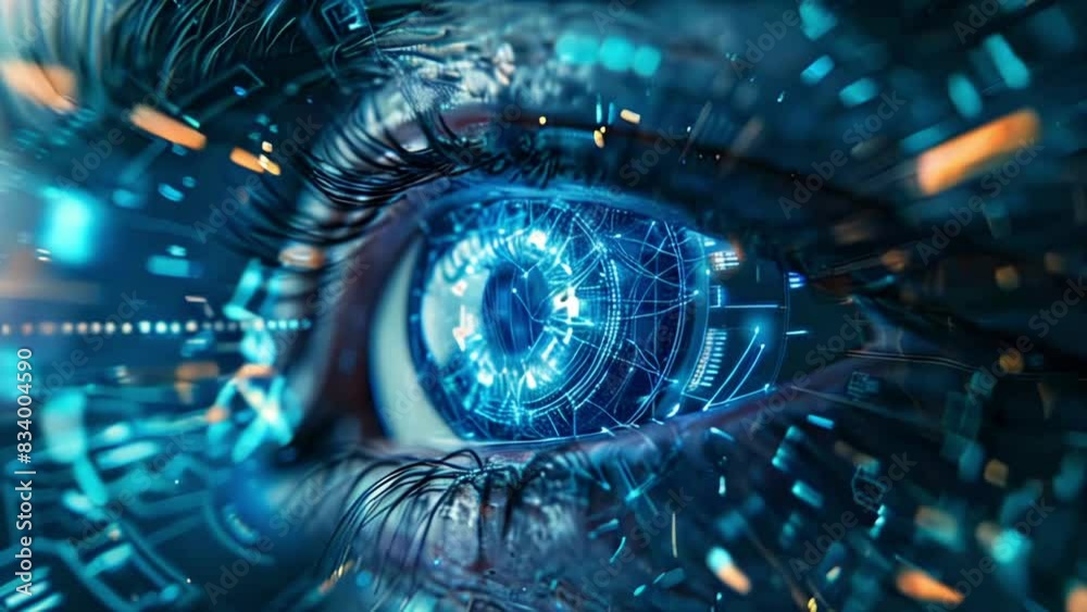 Poster Eye ID. Digital biometric identification, iris scan for authentication, identity, authorization with technology concept