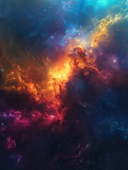 This image features a breathtaking cosmic vista with nebulae in fiery orange, red, and yellow hues, blending into cool blue and purple shades, filled with twinkling stars in the dark expanse of space.