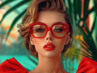 Fototapeta premium Retro style pastel colors summer background. Fashion woman wearing big sunglasses.
