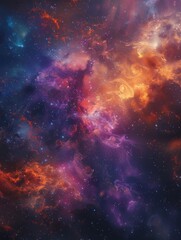 This image showcases a vibrant cosmic scene with swirling nebulae in shades of purple, orange, and red, interspersed with sparkling stars against a dark space background.