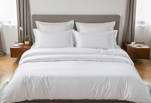 An elegant white duvet set adorns a luxurious bed in a contemporary bedroom setting