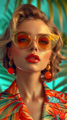 Obraz premium Retro style pastel colors summer background. Fashion woman wearing big sunglasses.