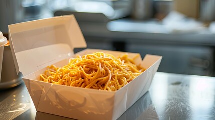 Pasta in a takeout box is sitting on a white countertop.
