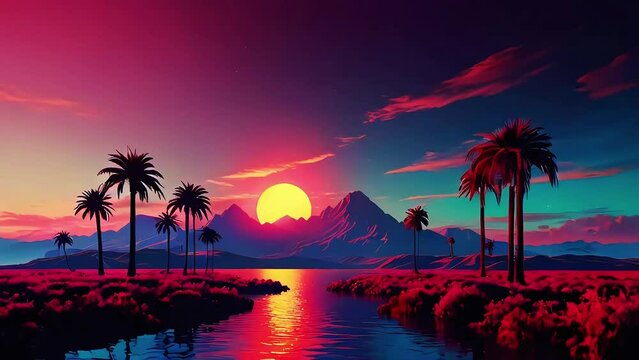 a synthwave style exotic island video-idyllic,palm trees calming rivers epic mountains-the viewer is led towards the wonderous sunset!