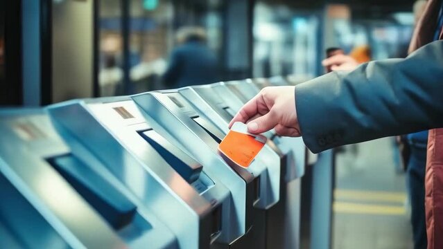 A hand holding a contactless card hovers over a subway turnstile. The scene suggests urban commuting. It's daytime, and the person is wearing a dark jacket. The mood is busy yet orderly.