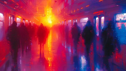 Pulsing Neon Rush of Urban Commuters in Abstract Surreal Pop Art Cityscape