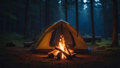 Camping in the forest at night with a tent and a bonfire.