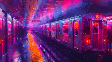 Vibrant Neon Rush Hour Abstract Pop Art Train Interior with Blended Oil Strokes and Halftone Dots