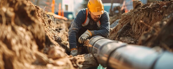 An industrial scene of a worker in high-visibility clothing installing pipes in a large trench.