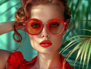Obraz premium Retro style pastel colors summer background. Fashion woman wearing big sunglasses.
