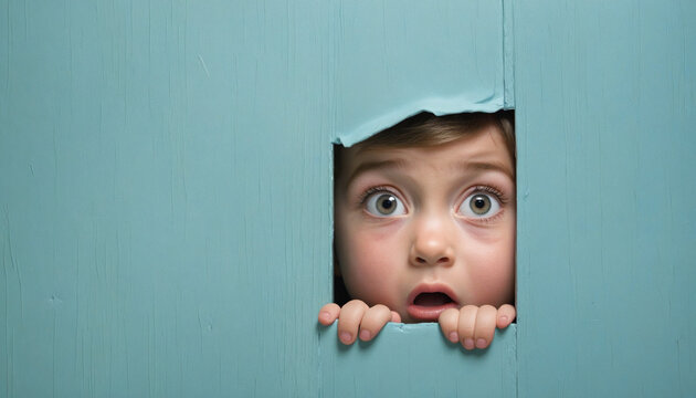 Terrified child peeking anxiously from behind a colorful wall with space for text